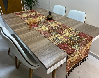 Brown Ottoman Pattern Turkish Coffee Table Cloth Runner,  Home Boho Wedding Oriental Table Runner, Long Gray Diner Table Runner, RNR418