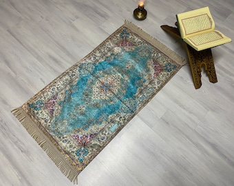 Soft Turquoise Prayer Mat with Tasbeeh, Prayer Bohemian Rug, Turkish Prayer Rug,Muslim Janamaz, Namaz Rug, Musallah, Islamic Gift, RNR470