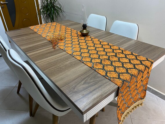 table runner 金彩古鏡文　帯リメイク　正絹 Orange Peacock Tail Pattern Turkish Coffee Table Cloth Runner