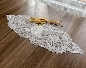 Cream French Lace Velvet Table Runner, Vintage Style French Shabby chic For Wedding Table, Rustic Lace Runner, Elegant Table Runner,  LC241
