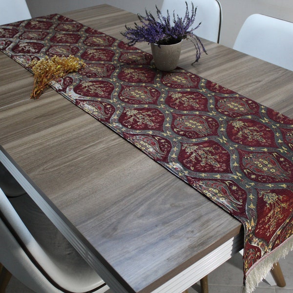 Burgundy Turkish  Table Cloth Runner, Tulip Design Floral Boho Table Runner For Wedding, Gray Table Cover,Coffee Table Runner,RNR185