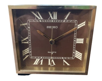 Seiko Quartz Table Clock Japan Metal QZ586 Roman Numeral Square Vintage