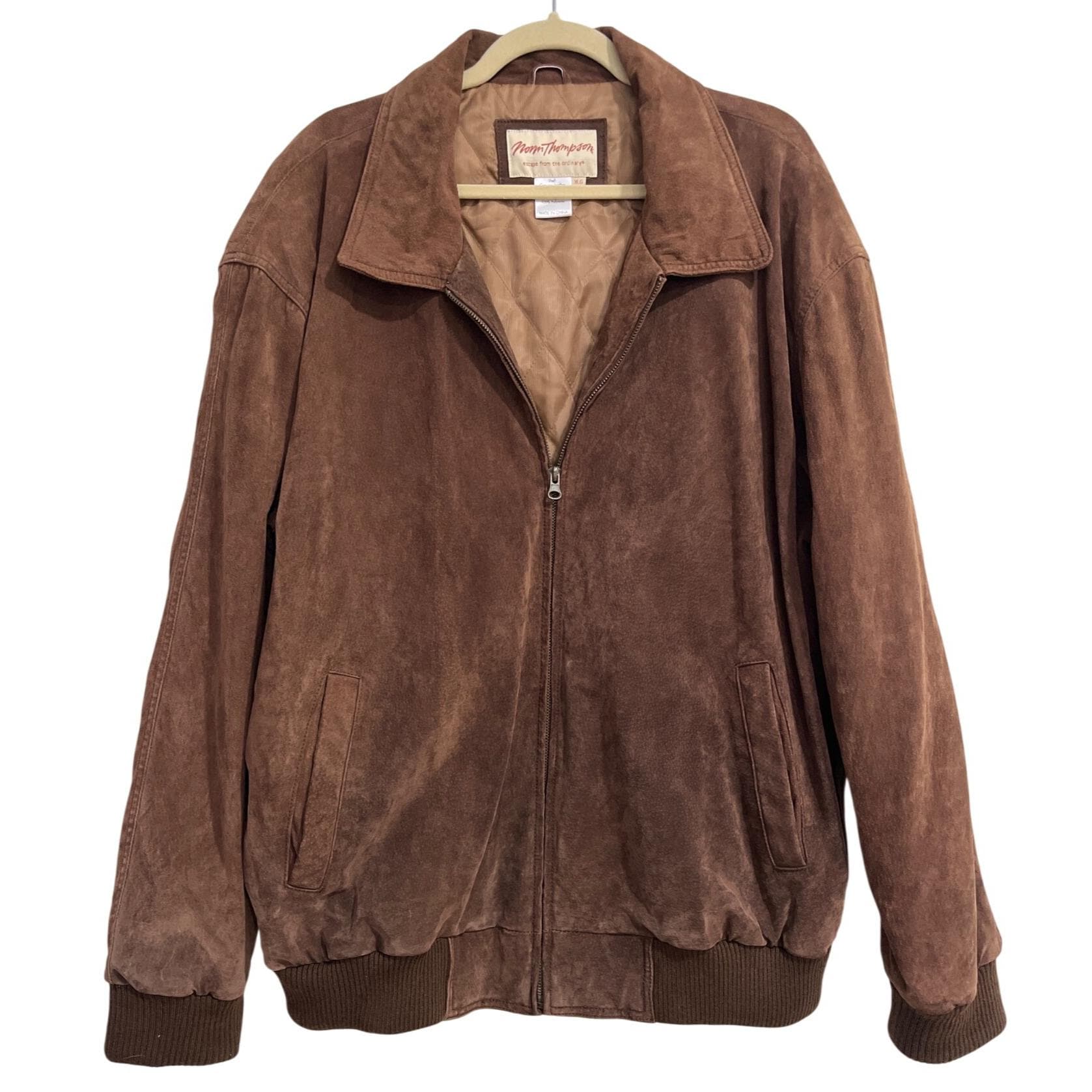 Norm Thompson Suede Leather Brown Flight Bomber Jacket Quited