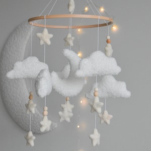 Boucle clouds and moon baby nursery mobile, Neutral baby mobile, Neutral nursery mobile, Clouds mobile, Felted stars mobile, personalized