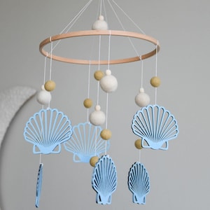 Seashell baby nursery mobile, Felted balls baby cot mobile, Wooden seashell nursery mobile, Under the sea baby nursery mobile, Ocean mobile