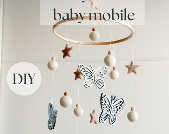DIY Make your own baby mobile butterfly, Wooden butterlies crib mobile, Felted balls and stars baby nursery mobile