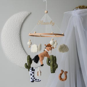 Wild West cowboy ranch themed handmade felt baby mobile, Horse nursery mobile, cowboy boots, cactus, baby shower gift,horseshoe farm nursery