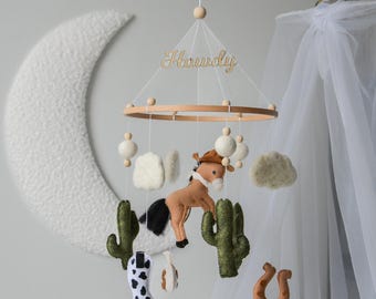 Wild West cowboy ranch themed handmade felt baby mobile, Horse nursery mobile, cowboy boots, cactus, baby shower gift,horseshoe farm nursery