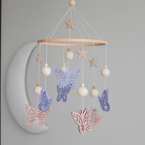 Butterfly baby mobile, Wooden butterlies crib mobile, Felted balls and stars baby nursery mobile, Butterfly nursery mobile, Floral