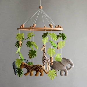 Baby mobile Safari neutral animals nursery mobile felt Africa safari giraffe, hippo, cheetah and elephant, wooden pearls mobile, Safari crib image 8