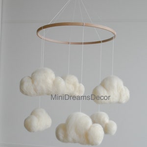 Felted cloud baby nursery mobile, Neutral baby cloud mobile, Cloud crib mobile, Minimalist baby mobile, Cloud mobile, Newborn baby mobile image 3
