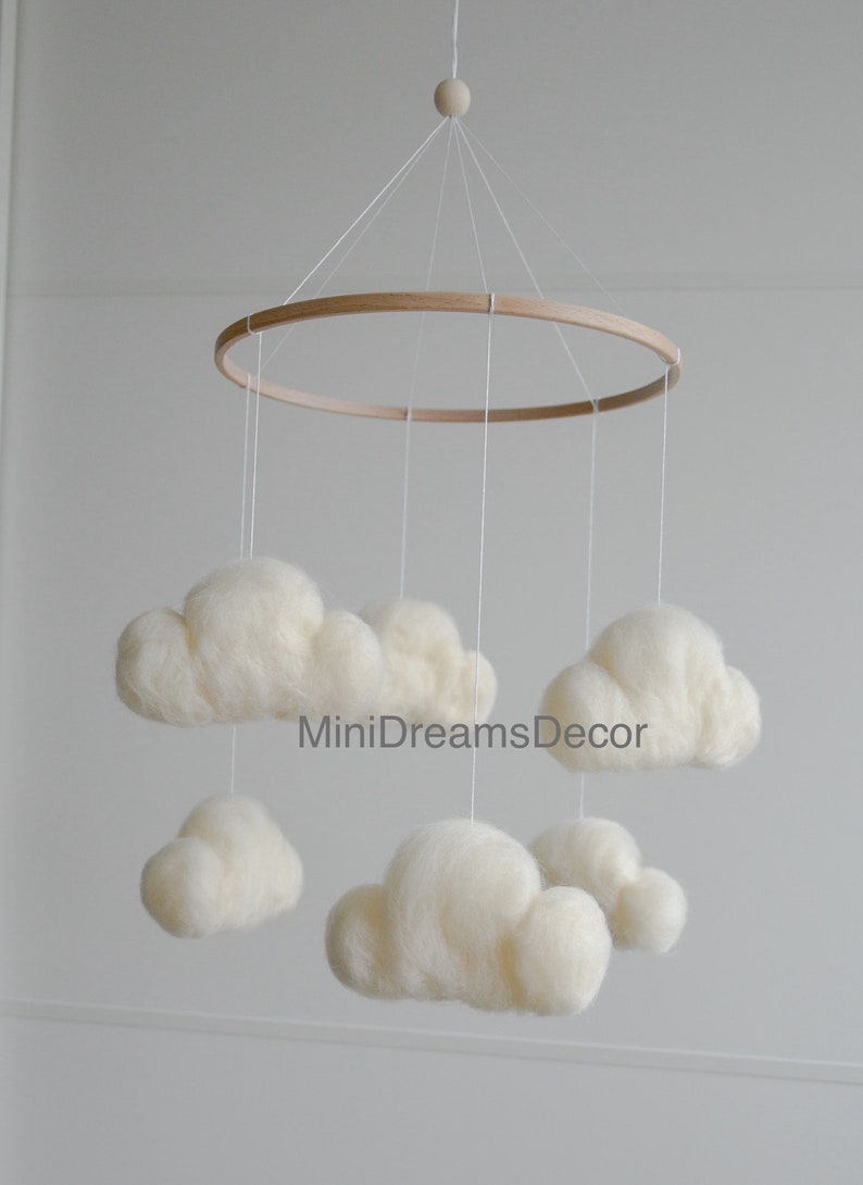 Felted cloud baby nursery mobile, Neutral baby cloud mobile, Cloud crib mobile, Minimalist baby mobile, Cloud mobile, Newborn baby mobile image 3