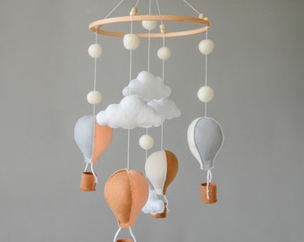 Hot air balloons nursery baby mobile, Felted balls and clouds crib mobile, hanging mobile baby mobile balloon baby mobile newborn