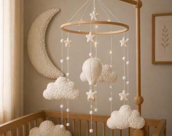 Felt Hot Air Balloon Boucle Clouds & Stars Baby Mobile, Neutral nursery decor, Newborn Cot Crib Mobiles Carousel, Baby Shower Gift