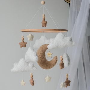Boucle clouds and moon baby nursery mobile, Neutral baby mobile, Neutral nursery mobile, Clouds mobile, Felted stars mobile, personalized