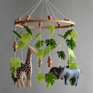 Baby mobile Safari neutral animals nursery mobile felt Africa safari giraffe, hippo, cheetah and elephant, wooden pearls mobile, Safari crib image 9