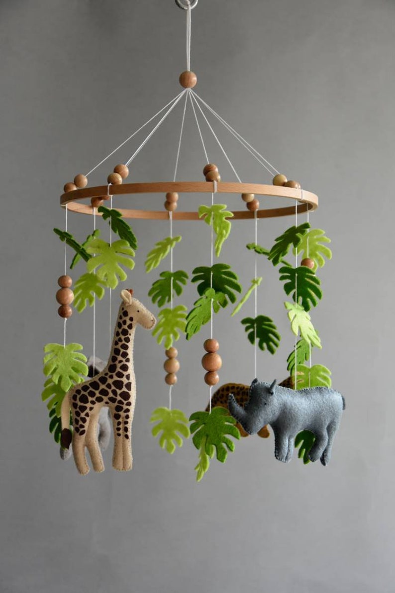 Baby mobile Safari neutral animals nursery mobile felt Africa safari giraffe, hippo, cheetah and elephant, wooden pearls mobile, Safari crib image 9