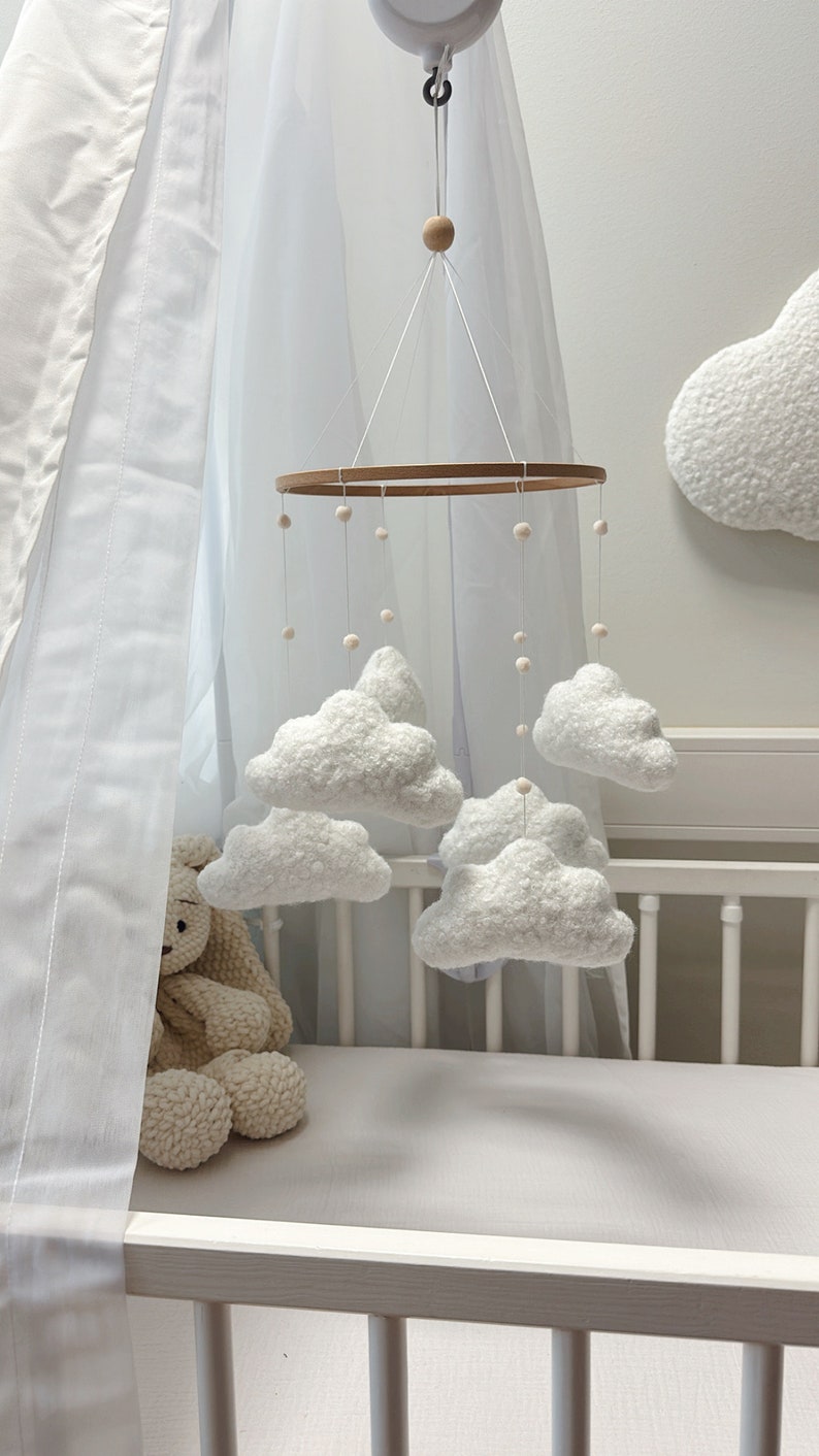 Boucle handmade clouds baby mobile, Neutral nursery mobile, Clouds baby crib mobile, Clouds mobile, Minimalist nursery mobile, Boucle clouds image 4