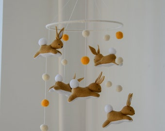 Jumping bunny baby mobile, Bunny mobile, Neutral felt ball nursery mobile, Above bed decor, Baby mobile