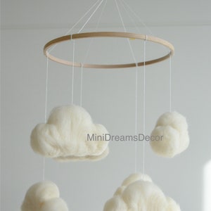 Felted cloud baby nursery mobile, Neutral baby cloud mobile, Cloud crib mobile, Minimalist baby mobile, Cloud mobile, Newborn baby mobile image 4