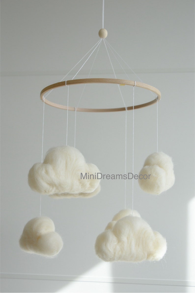 Felted cloud baby nursery mobile, Neutral baby cloud mobile, Cloud crib mobile, Minimalist baby mobile, Cloud mobile, Newborn baby mobile image 4