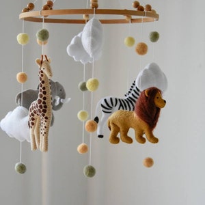 Colorful safari baby mobile, felted balls cloud mobile, Africa neutral animals mobile, elephant giraffe zebra lion, Baby crib mobile, Safari