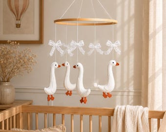 Goose Baby Mobile with Lace Bows, Vintage Nursery Decor, White Goose Crib Mobile, Whimsical Nursery Mobile, Classic Nursery, Baby Shower