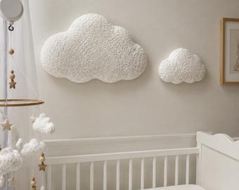 Decoración de pared con nube de bouclé blanca, decoración de pared para guardería, decoración de nubes para habitación de bebé, regalo de baby shower para anuncio de bebé, colgante de pared