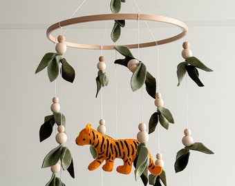 Tiger forest style baby crib mobile, Floral nursery baby mobile, Lighter and darker leaves, Leaf crib mobile, Baby shower gift, Tiger mobile