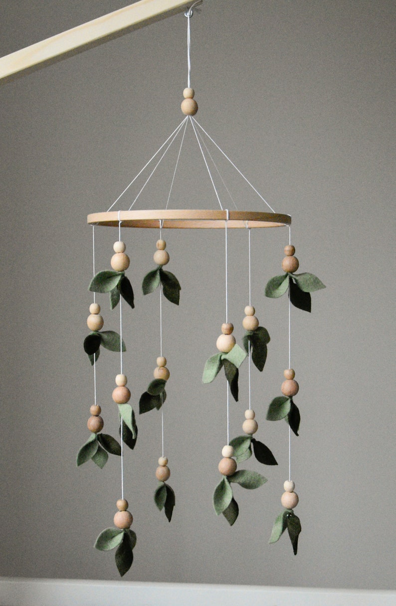 Forest style baby crib mobile, Floral nursery baby mobile, Lighter and darker leaves, Leaf crib mobile, Baby shower gift, Minimalist mobile image 1