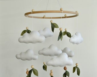 Floral nursery baby mobile with wooden beads and clouds, Forest baby cot mobile, Minimalist baby crib mobile, Baby shower gift