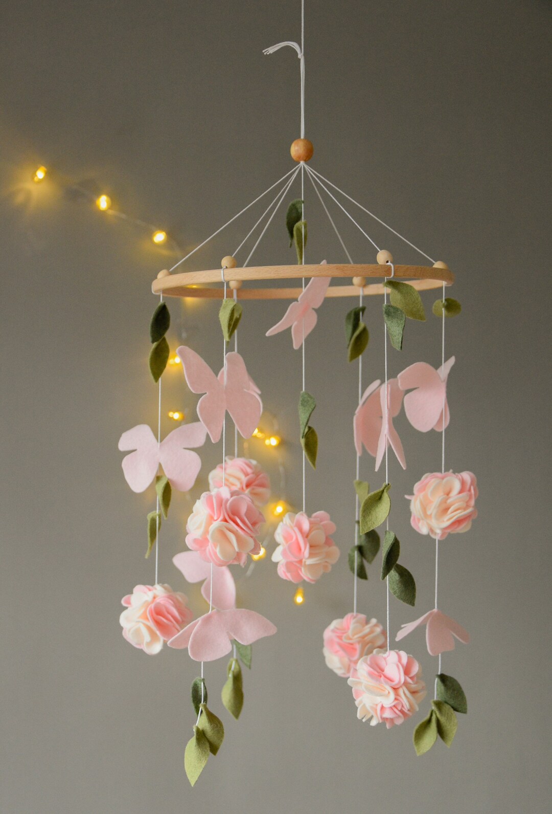 Pink White Flowers Baby Nursery Mobile, Butterfly Baby Crib Mobile