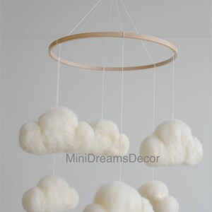 Felted cloud baby nursery mobile, Neutral baby cloud mobile, Cloud crib mobile, Minimalist baby mobile, Cloud mobile, Newborn baby mobile image 2