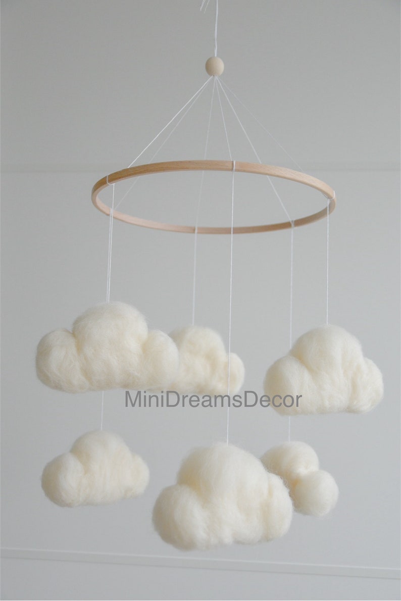 Felted cloud baby nursery mobile, Neutral baby cloud mobile, Cloud crib mobile, Minimalist baby mobile, Cloud mobile, Newborn baby mobile image 2