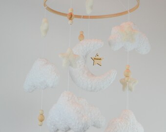 Personalized boucle clouds and moon baby nursery mobile, Neutral baby mobile, Neutral nursery mobile, Clouds mobile, Felted stars mobile