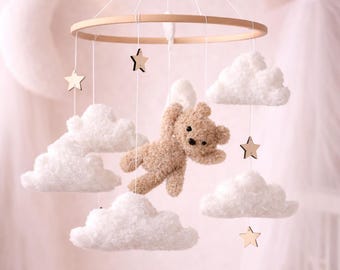 Teddy Bear Baby Mobile, Neutral Clouds Nursery Decor