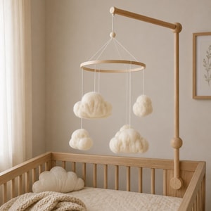 Felted clouds baby nursery mobile, baby shower gift for baby announcement