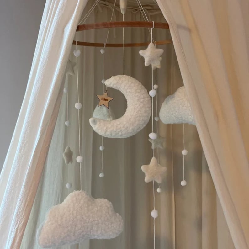 Personalized boucle clouds and moon baby nursery mobile, Neutral baby mobile, Neutral nursery mobile, Clouds mobile, Felted stars mobile image 8