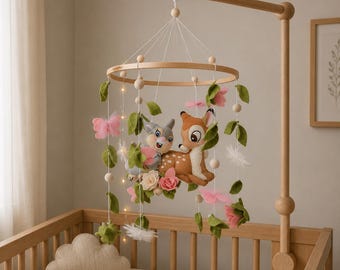 Bambi and Thumper baby nursery mobile, Flowers baby crib mobile, Woodland baby girl mobile, butterfly baby mobile, Pink baby mobile, disney