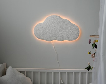Handmade Boucle Cloud LED Night Light, Warm White Wooden Wall Lamp, Kids Room Decor