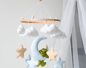 Baby mobile with hanging frog, Clouds and stars mobile, frog nursery mobile, Baby frog mobile, Felt hanging mobile, Animals mobile