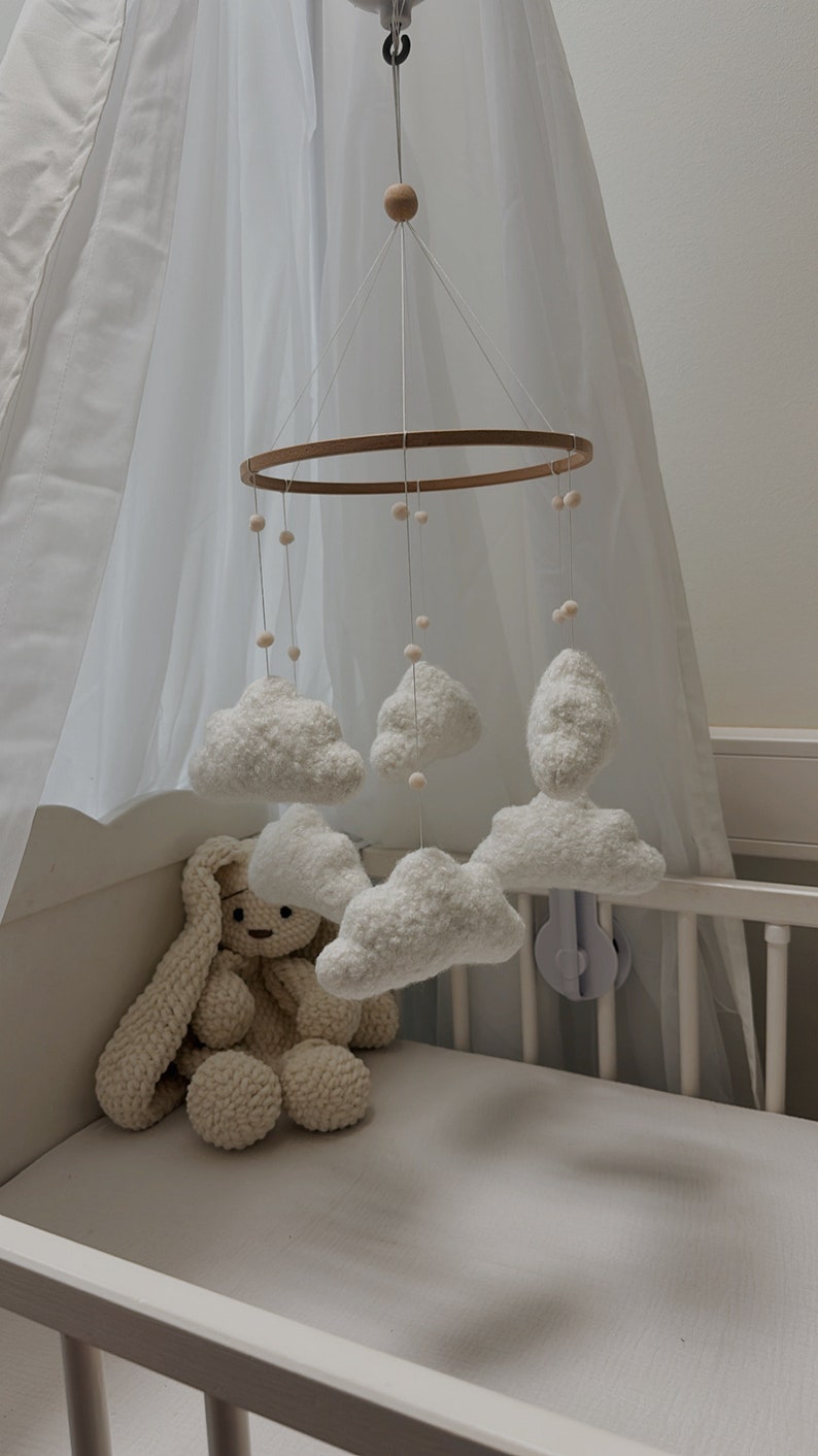 Boucle handmade clouds baby mobile, Neutral nursery mobile, Clouds baby crib mobile, Clouds mobile, Minimalist nursery mobile, Boucle clouds image 2