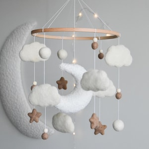 Personalized boucle clouds and moon baby nursery mobile, neutral baby mobile, Baby shower gift, boucle baby mobile Stars baby mobile  Mobile