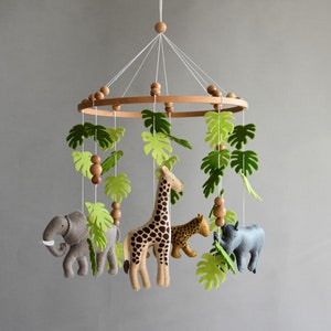 Baby mobile Safari neutral animals nursery mobile felt Africa safari giraffe, hippo, cheetah and elephant, wooden pearls mobile, Safari crib