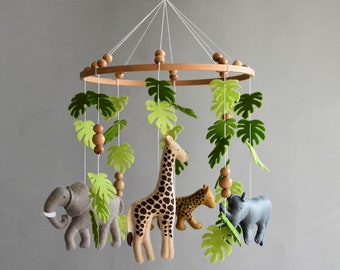 Baby mobile Safari neutral animals nursery mobile felt Africa safari giraffe, hippo, cheetah and elephant, wooden pearls mobile, Safari crib