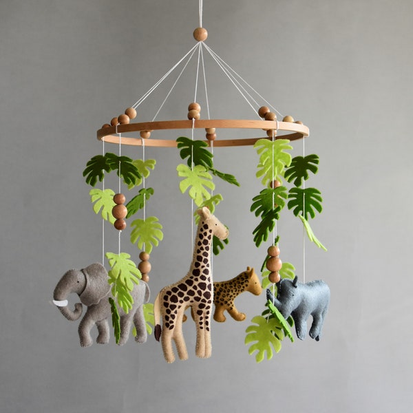 Baby Mobile Safari neutrale Tiere Kinderzimmer Mobile Filz Afrika Safari Giraffe, Nilpferd, Gepard und Elefant, Holzperlen Mobile, Safari Krippe