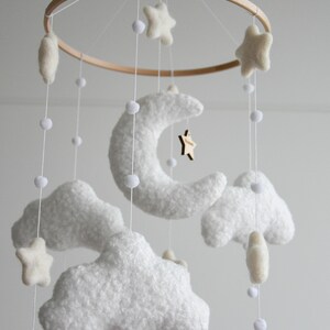 Personalized boucle clouds and moon baby nursery mobile, Neutral baby mobile, Neutral nursery mobile, Clouds mobile, Felted stars mobile image 6