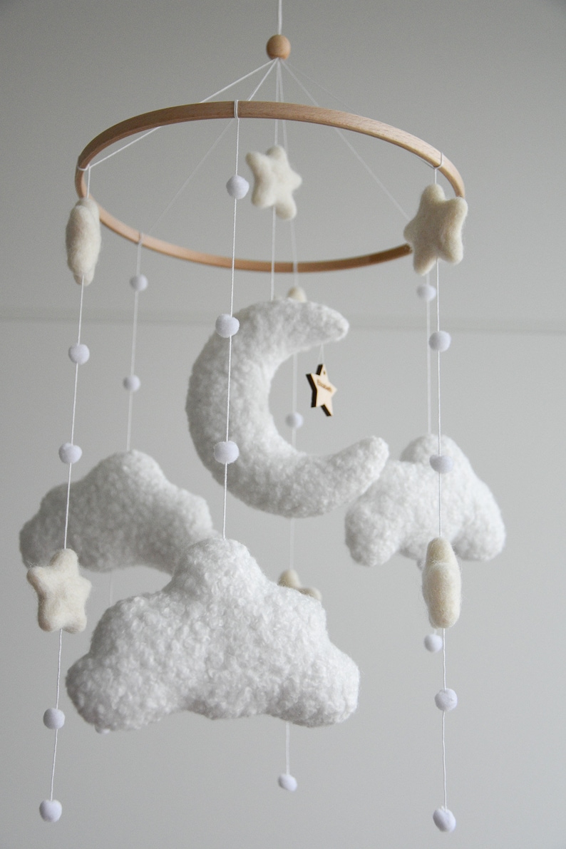 Personalized boucle clouds and moon baby nursery mobile, Neutral baby mobile, Neutral nursery mobile, Clouds mobile, Felted stars mobile image 6
