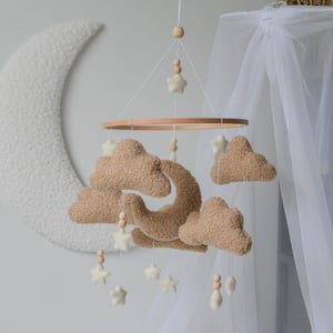 Boucle clouds and moon baby nursery mobile, Neutral baby mobile, Neutral nursery mobile, Clouds mobile, Felted stars mobile, personalized