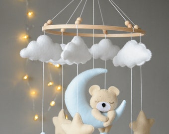 Baby mobile with sleeping/hanging bear, Clouds and stars mobile, Bear nursery mobile, Baby bear mobile, Felt hanging mobile, Animals mobile